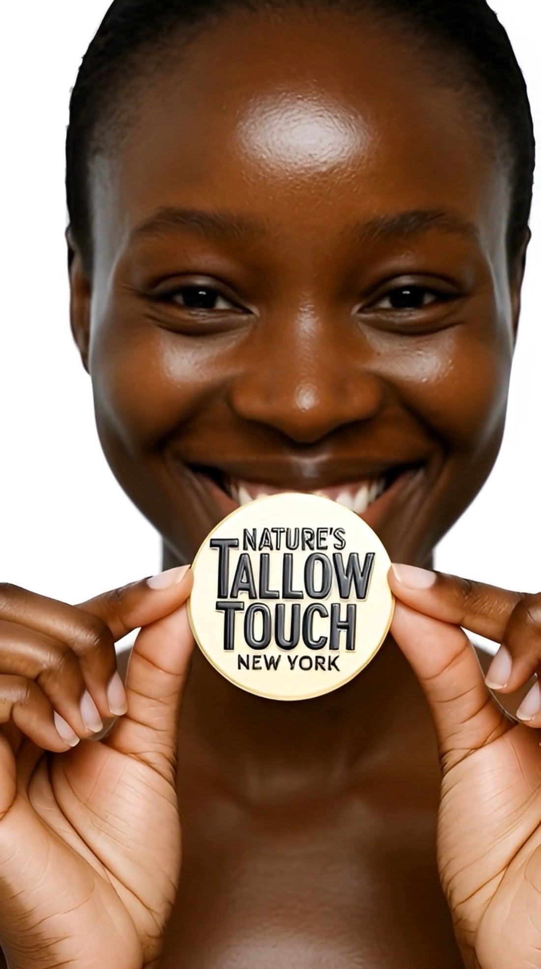 Diverse skin close-up—healthy, makeup-optional glow with Nature’s Tallow Touch logo