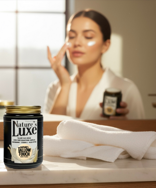 LUXE jar on bathroom counter; model in mirror applying cream.