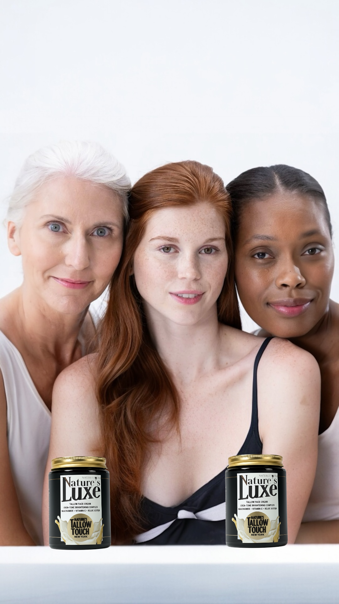 A diverse group of women and men of different ages and skin tones holding Nature’s LUXE Face Cream in a bright New York setting.