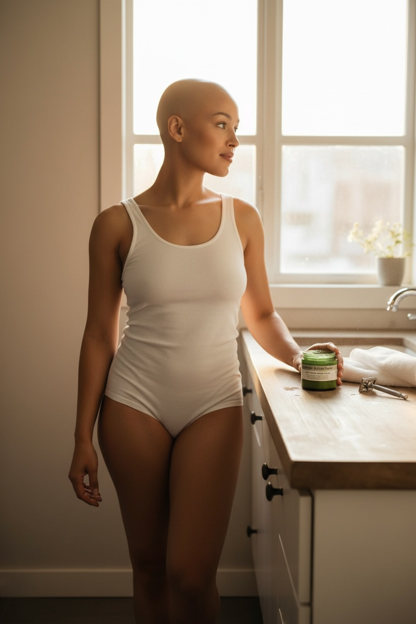  Woman with shaved head standing confidently in soft morning light during skincare ritual