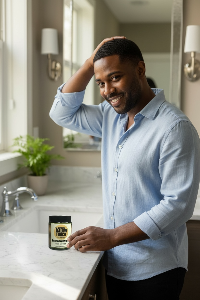 Nature’s Tallow Touch Rescue & Restore Hair Cream used by a man in a modern bathroom, promoting healthy scalp care and natural hair restoration