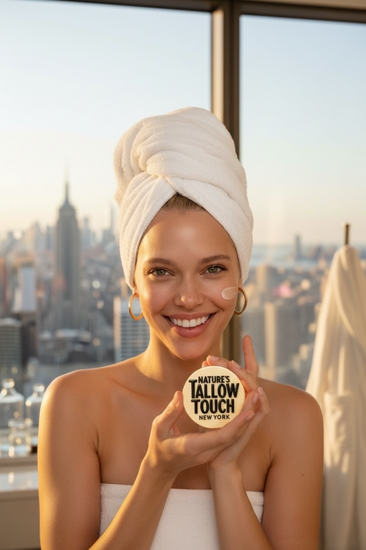  Luxury skincare editorial featuring Nature’s Tallow Touch LUXE Face Cream with Manhattan skyline