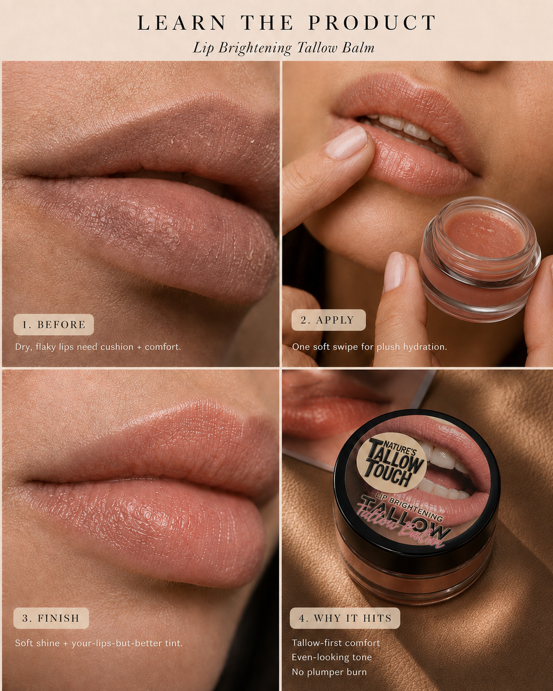 Lip Brightening Tallow Balm — Daily Moisture With a Soft-Tone Finish. - Nature’s Tallow Touch LLC